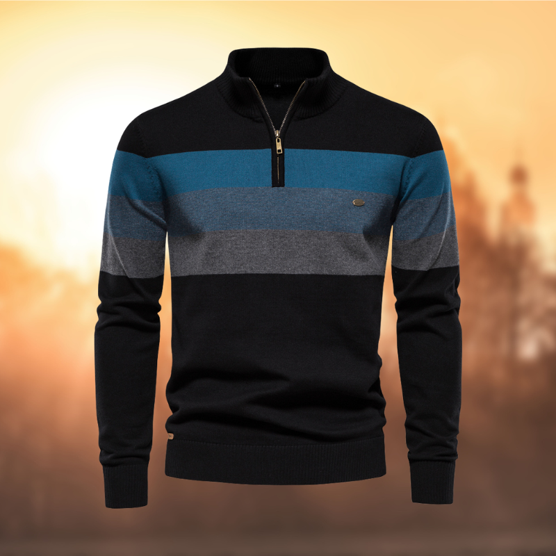 Gestreepte herentrui met halve rits – Klassieke gebreide pullover