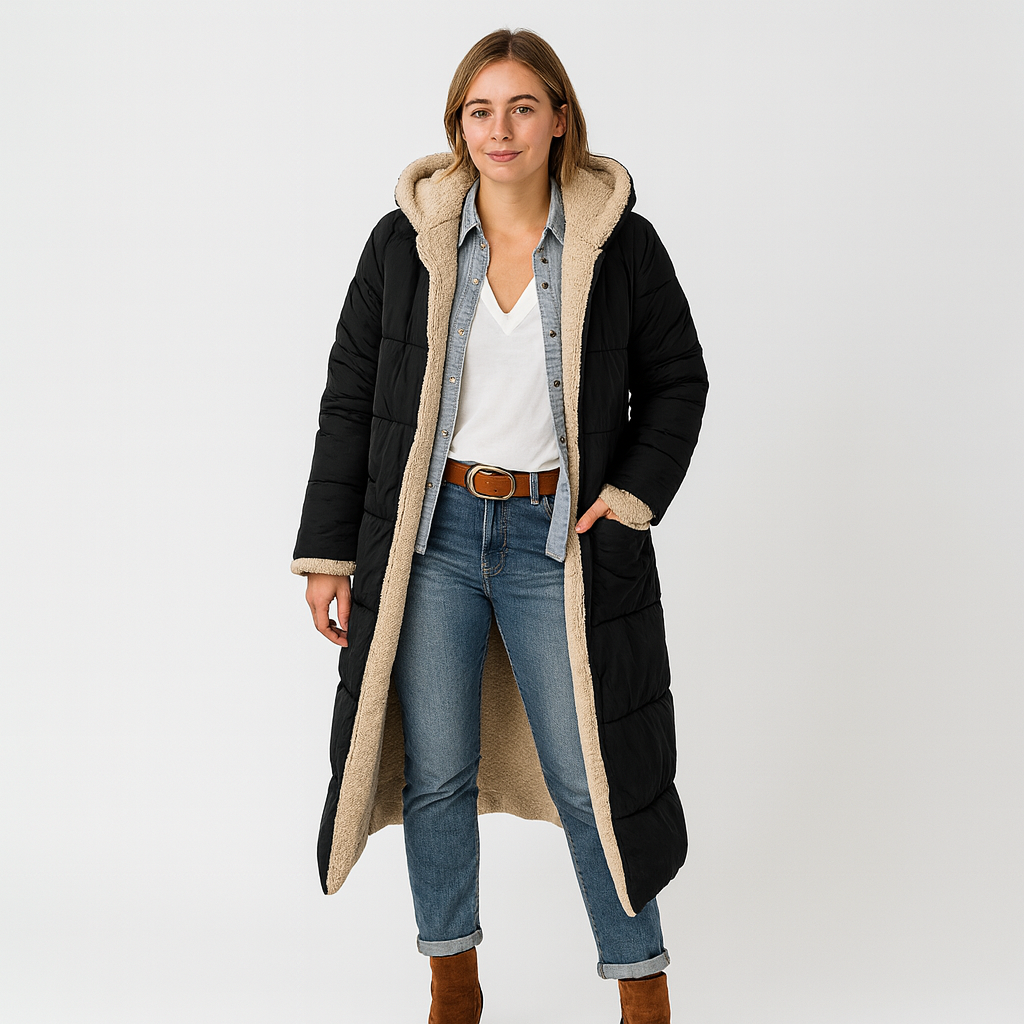Langer Damen-Wintermantel mit Kapuze – warm, weich und stylisch