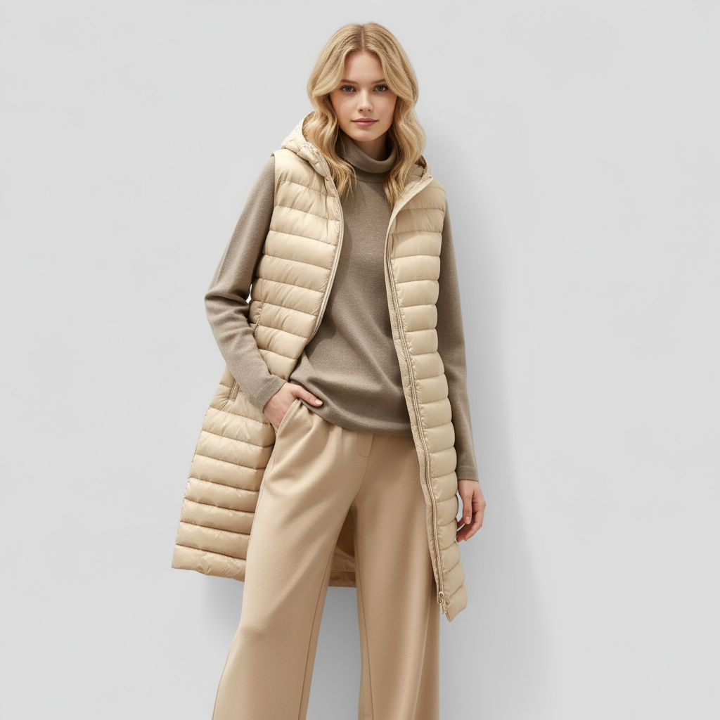 Lange Gewatteerde Damesbodywarmer – Stijlvol Mouwloos Winterdesign