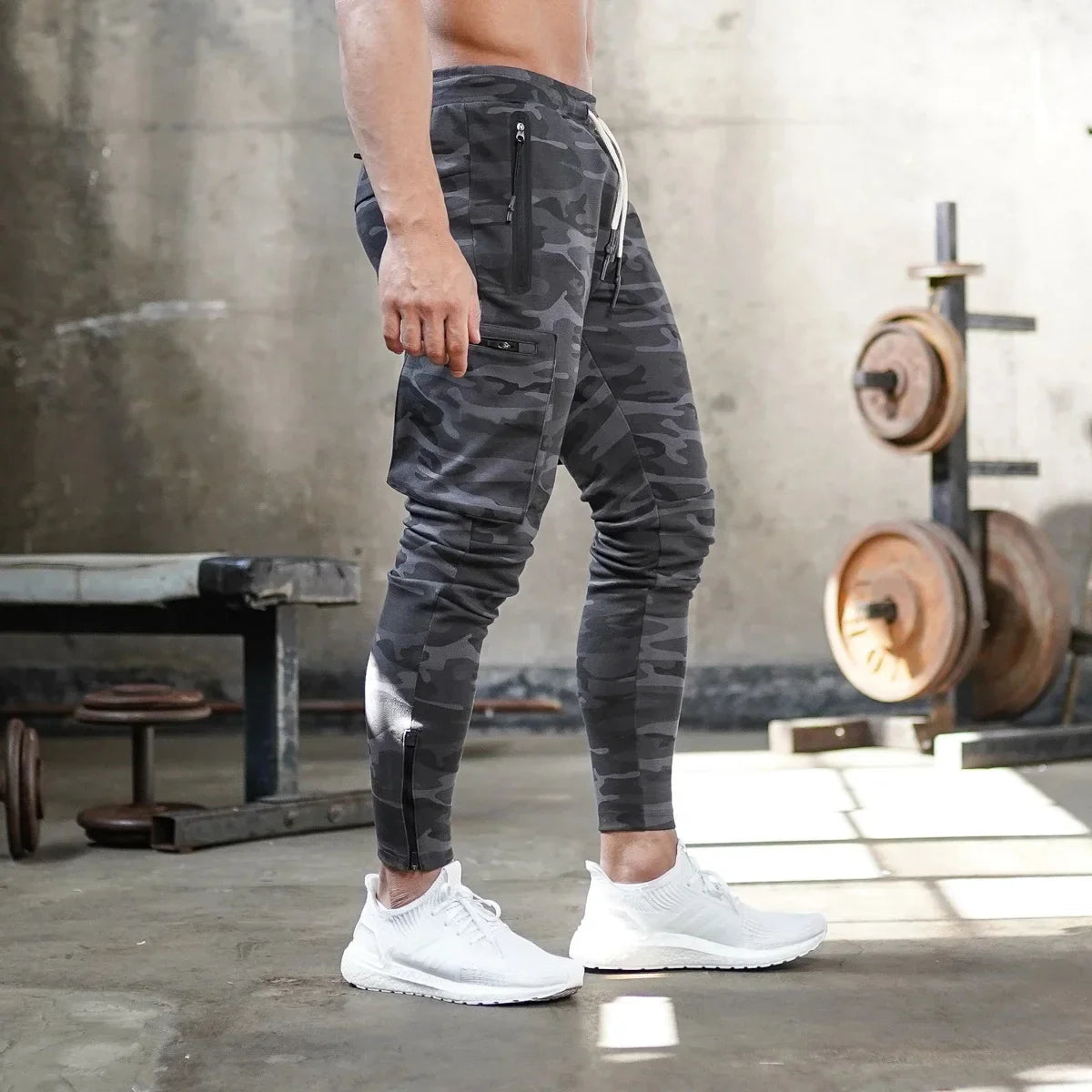 Heren Joggingbroek – Camouflage Sportbroek met Ritszakken en Trekkoord