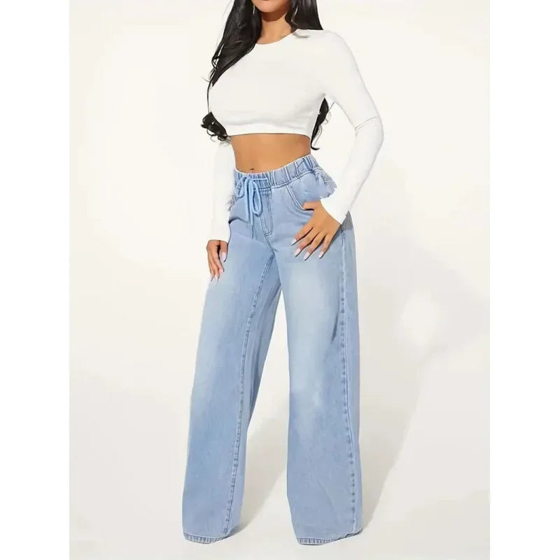 Dames Wide-Leg Jeans – Trendy Rechte Spijkerbroek met Hoge Taille