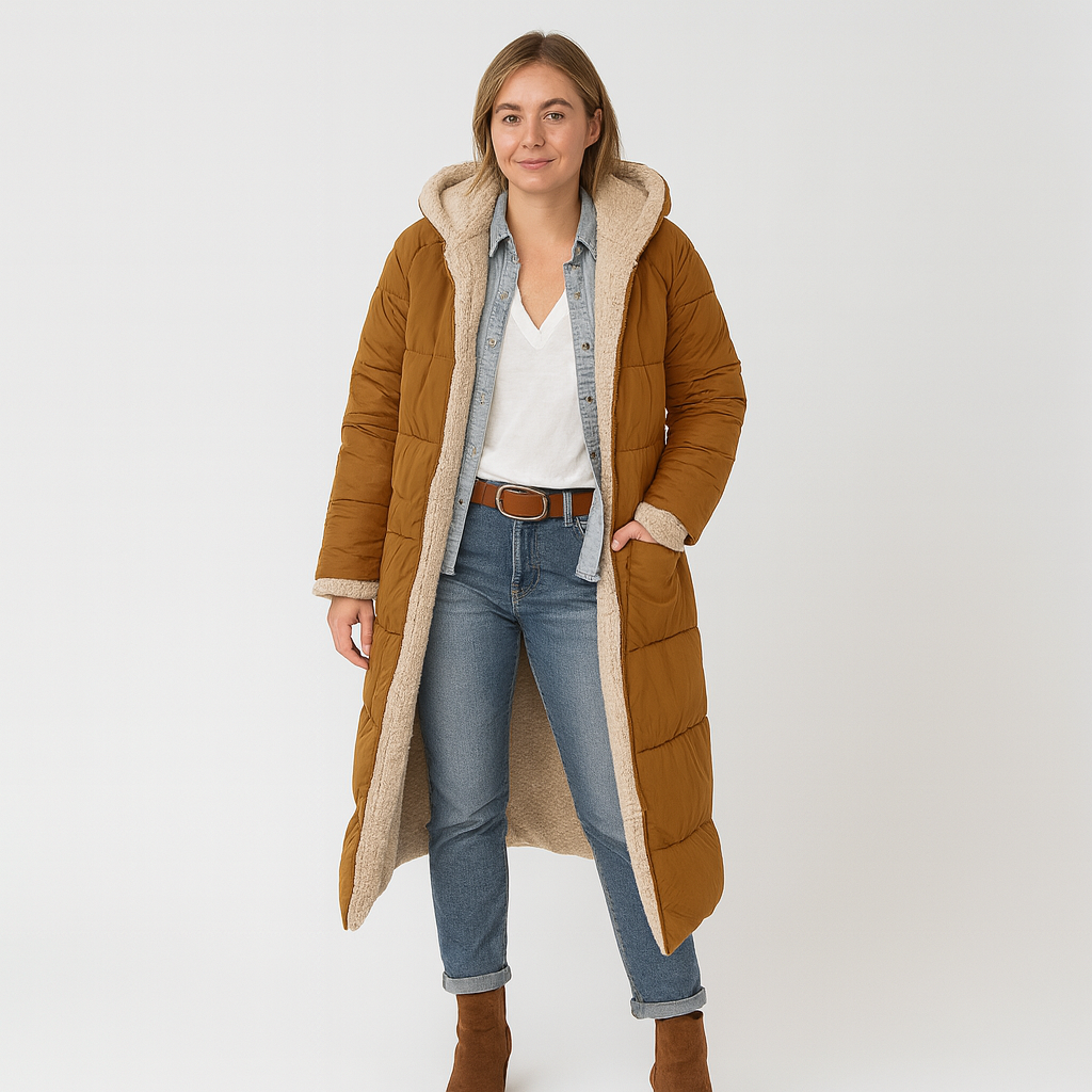 Langer Damen-Wintermantel mit Kapuze – warm, weich und stylisch