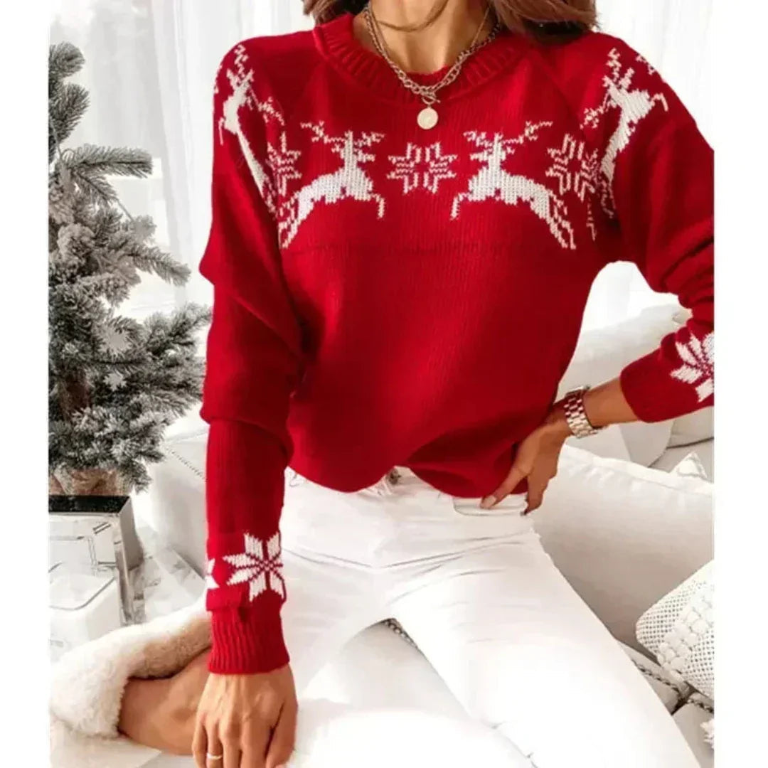 Damen-Weihnachtspullover – Eleganter Winterpullover mit Rentier- und Schneeflockenmotiv