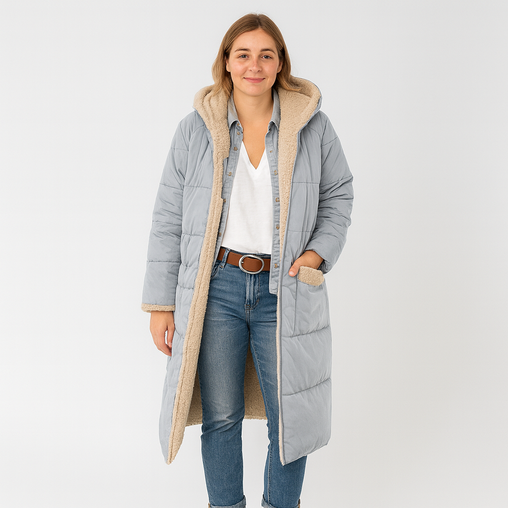 Langer Damen-Wintermantel mit Kapuze – warm, weich und stylisch