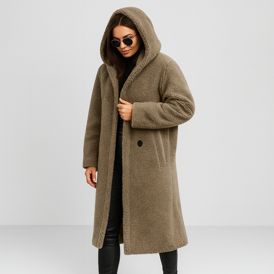 Langer Damen-Wintermantel mit Kapuze – warm, weich und stylisch