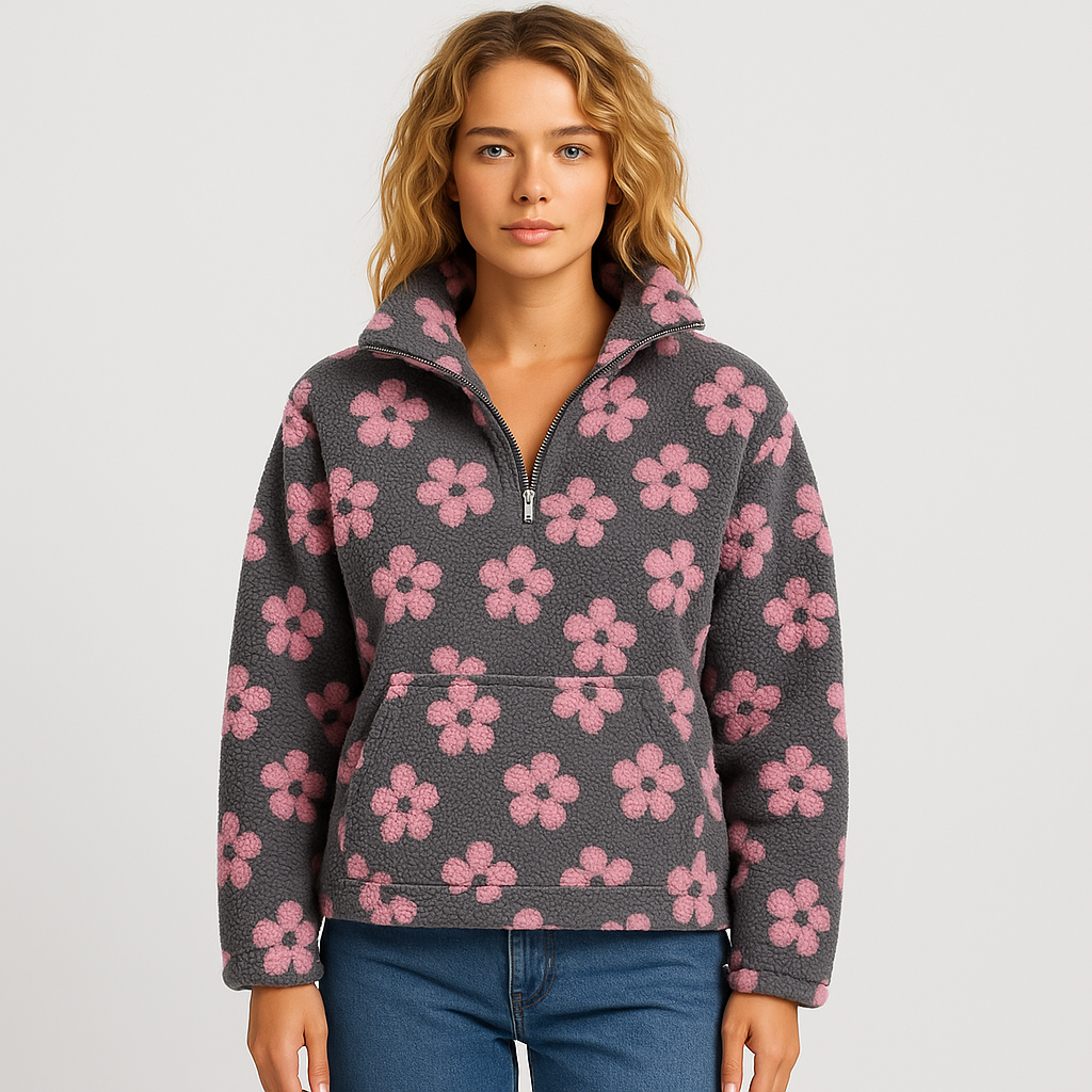 Dames Bloemen Trui met Halve Rits – Zacht, Warm & Trendy