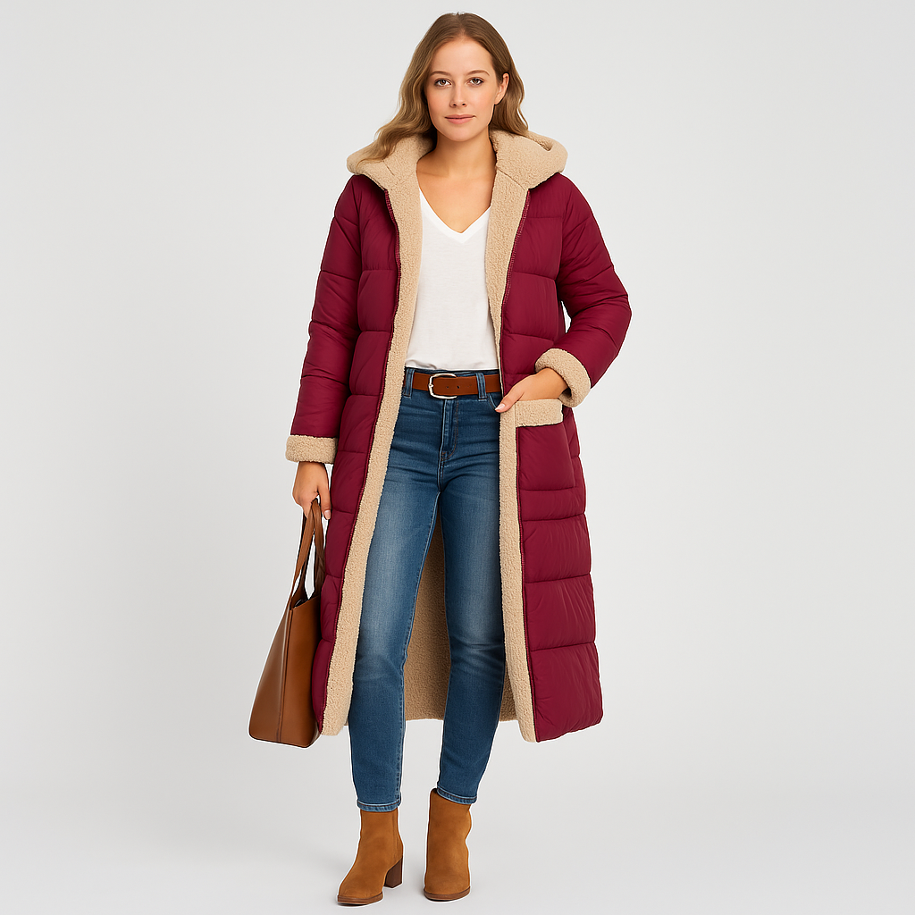 Langer Damen-Wintermantel mit Kapuze – warm, weich und stylisch