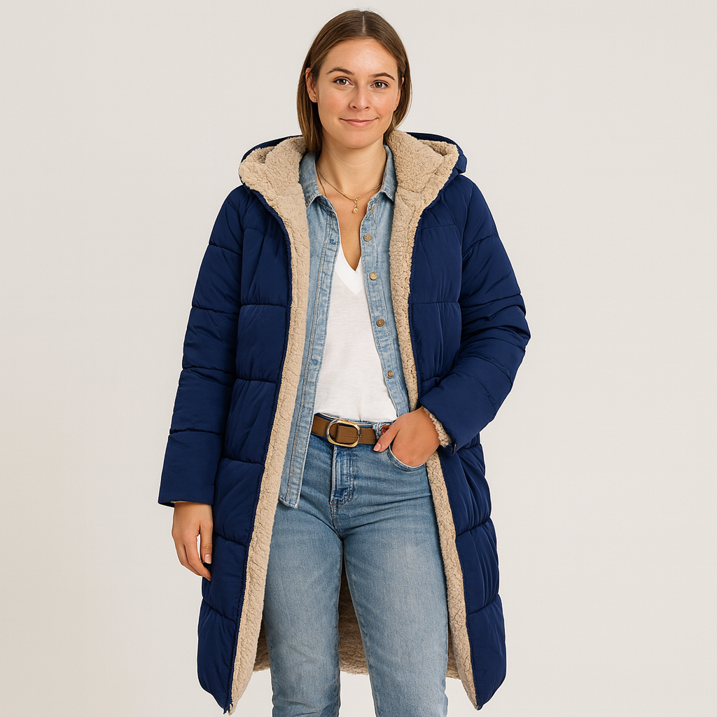 Langer Damen-Wintermantel mit Kapuze – warm, weich und stylisch