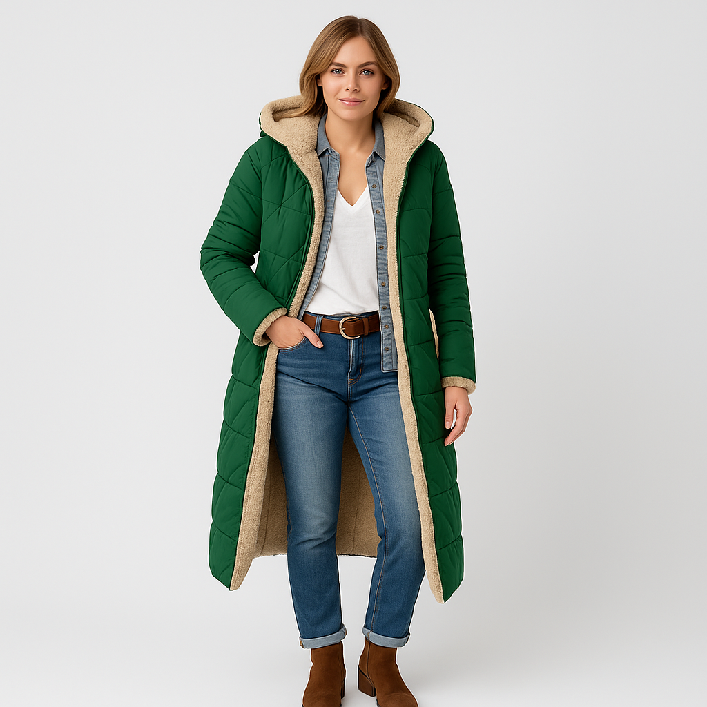 Langer Damen-Wintermantel mit Kapuze – warm, weich und stylisch