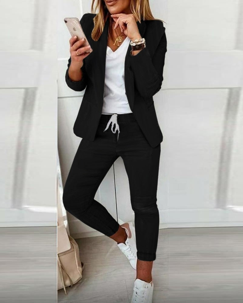 Tweedelig Damespak – Blazer en Broek met Elastische Taille