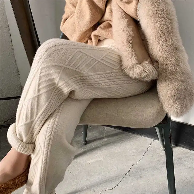 Dames Gebreide Loungebroek – Comfortabele Wijde Broek met Elastische Taille