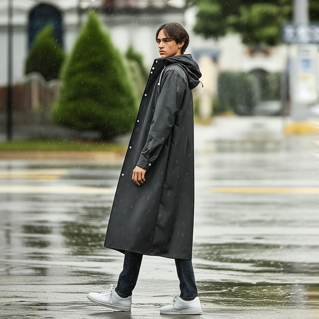 Lange Heren Regenjas met Capuchon – Zwart, Wind- en Regenbestendig